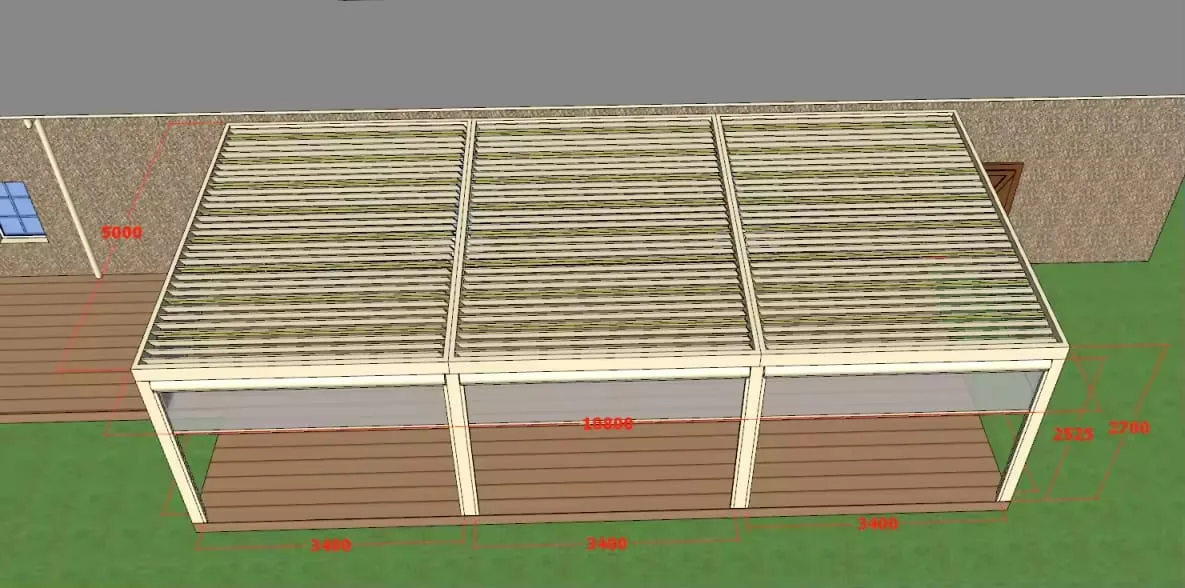 Rendu 3D en plongée depuis l’extérieur de la terrasse, lames orientables des trois travées et cotes du projet visibles sous la structure.