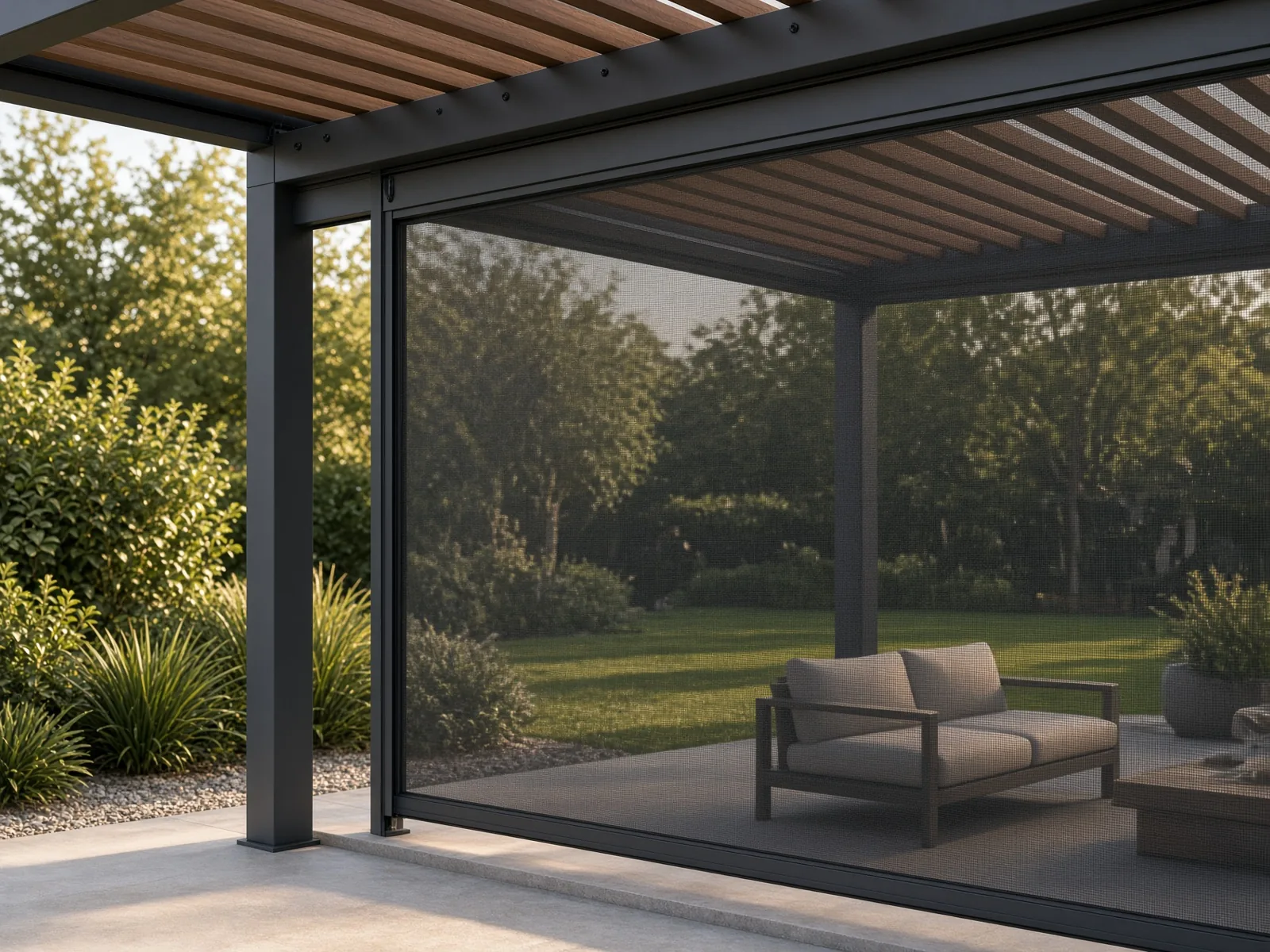 Baie coulissante équipée d’une moustiquaire zip, toile tendue entre deux coulisses aluminium, ouverte sur un jardin.