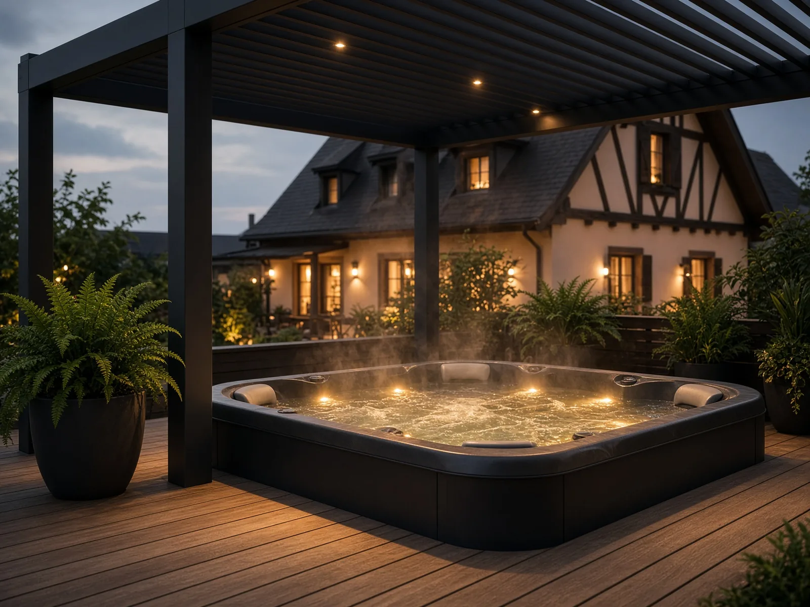 Spa carré gris foncé encastré dans une plage de terrasse dallée, pergola bioclimatique anthracite au-dessus, brise-vue à lames horizontales sur le côté.
